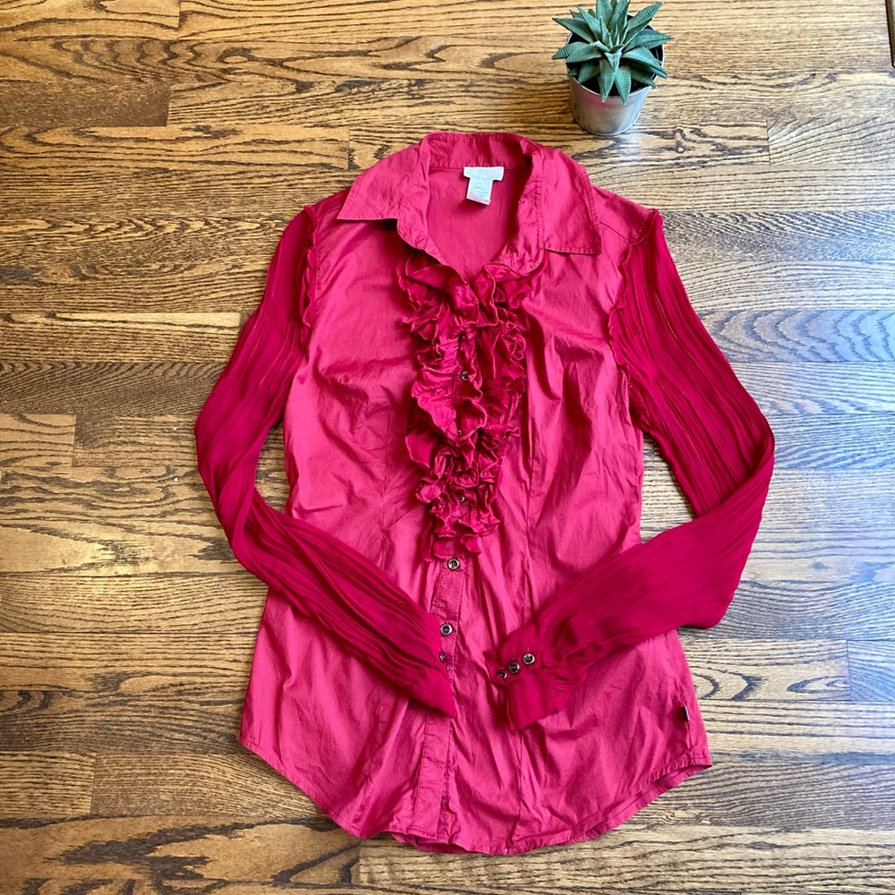 Women’s Long Sleeve Red Ruffled Shirt with Gauze Sleeves. Size: Medium.